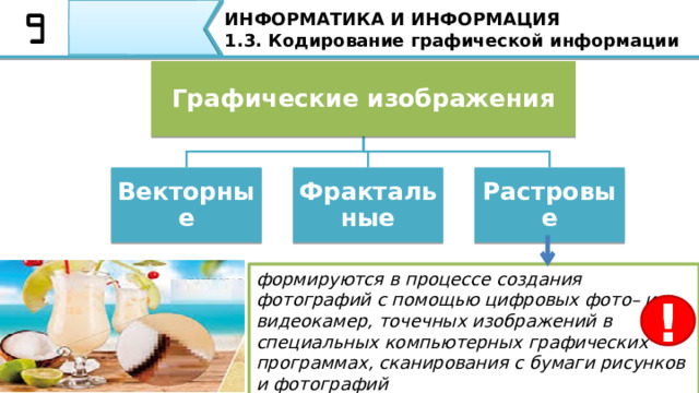 ИНФОРМАТИКА И ИНФОРМАЦИЯ 1.3. Кодирование графической информации Графические изображения Растровые Фрактальные Векторные формируются в процессе создания фотографий с помощью цифровых фото– и видеокамер, точечных изображений в специальных компьютерных графических программах, сканирования с бумаги рисунков и фотографий ! Растровые графические изображения  формируются в процессе создания фотографий с помощью цифровых фото– и видеокамер, точечных изображений в специальных компьютерных графических программах, сканирования с бумаги рисунков и фотографий. Достоинство растровой графики: точность цветопередачи, реалистичность изображения. Растровое изображение состоит из отдельных точек различного цвета (пикселей).  