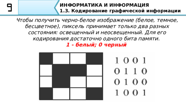 ИНФОРМАТИКА И ИНФОРМАЦИЯ 1.3. Кодирование графической информации Чтобы получить черно-белое изображение (белое, темное, бесцветное), пиксель принимает только два разных состояния: освещенный и неосвещенный. Для его кодирования достаточно одного бита памяти.  1 - белый; 0 черный Чтобы получить черно-белое изображение (белое, темное, бесцветное), пиксель принимает только два разных состояния: освещенный и неосвещенный. Для его кодирования достаточно одного бита памяти. 1 - белый; 0 черный  