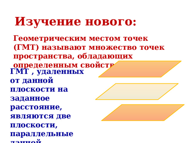 Изучение нового: Геометрическим местом точек (ГМТ) называют множество точек пространства, обладающих определенным свойством. ГМТ , удаленных от данной плоскости на заданное расстояние, являются две плоскости, параллельные данной. 