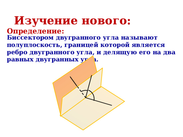Изучение нового: Определение: Биссектором двугранного угла называют полуплоскость, границей которой является ребро двугранного угла, и делящую его на два равных двугранных угла. 