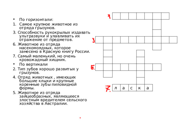 л а с к а По горизонтали: Самое крупное животное из отряда грызунов. 3. Способность рукокрылых издавать ультразвуки и улавливать их отражение от предметов. 6. Животное из отряда насекомоядных, которое занесено в Красную книгу России. 7. Самый маленький, но очень кровожадный хищник. По вертикали 2. Тип зубов хорошо развитых у грызунов. 4. Отряд животных , имеющих большие клыки и крупные коренные зубы пиловидной формы. 5. Животное из отряда зайцеобразных, являющееся злостным вредителем сельского хозяйства в Австралии. 