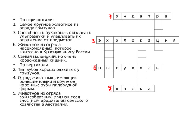 о э н х д о а л т о в р ы к а х а у ц х и л я о а л с ь к а По горизонтали: Самое крупное животное из отряда грызунов. 3. Способность рукокрылых издавать ультразвуки и улавливать их отражение от предметов. 6. Животное из отряда насекомоядных, которое занесено в Красную книгу России. 7. Самый маленький, но очень кровожадный хищник. По вертикали 2. Тип зубов хорошо развитых у грызунов. 4. Отряд животных , имеющих большие клыки и крупные коренные зубы пиловидной формы. 5. Животное из отряда зайцеобразных, являющееся злостным вредителем сельского хозяйства в Австралии. 