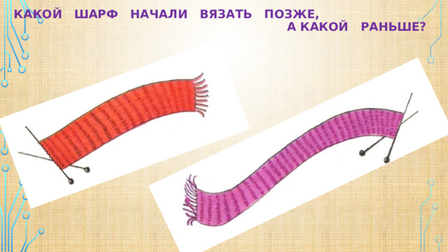 Какой шарф начали вязать позже,  а какой раньше? 
