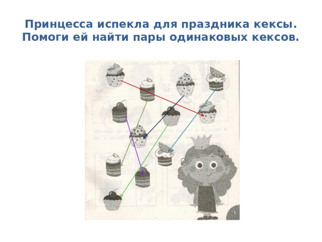 Принцесса испекла для праздника кексы. Помоги ей найти пары одинаковых кексов. 