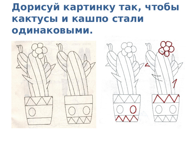 Дорисуй картинку так, чтобы кактусы и кашпо стали одинаковыми. 