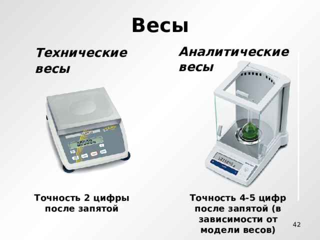 Весы Аналитические весы Технические весы Точность 2 цифры после запятой Точность 4-5 цифр после запятой (в зависимости от модели весов)  