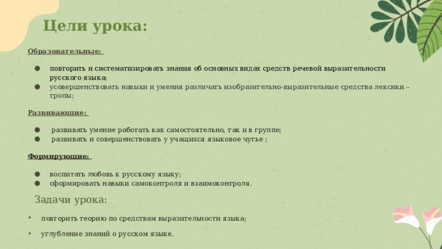 Цели урока: Образовательные:  повторить и систематизировать знания об основных видах средств речевой выразительности русского языка; усовершенствовать навыки и умения различать изобразительно-выразительные средства лексики – тропы;  Развивающие:   развивать умение работать как самостоятельно, так и в группе;  развивать и совершенствовать у учащихся языковое чутье ; Формирующие: воспитать любовь к русскому языку; сформировать навыки самоконтроля и взаимоконтроля. Задачи урока:  повторить теорию по средствам выразительности языка; углубление знаний о русском языке.    