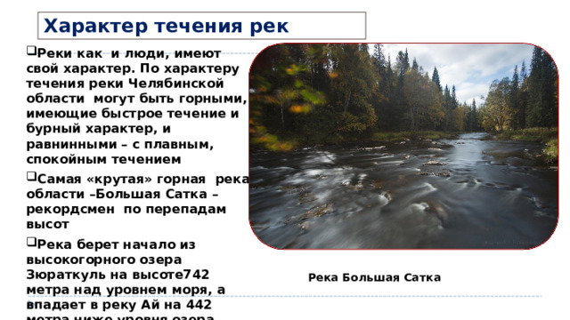 Характер течения рек Реки как и люди, имеют свой характер. По характеру течения реки Челябинской области могут быть горными, имеющие быстрое течение и бурный характер, и равнинными – с плавным, спокойным течением Самая «крутая» горная река области –Большая Сатка –рекордсмен по перепадам высот Река берет начало из высокогорного озера Зюраткуль на высоте742 метра над уровнем моря, а впадает в реку Ай на 442 метра ниже уровня озера, пробегая около 75 метров Река Большая Сатка 
