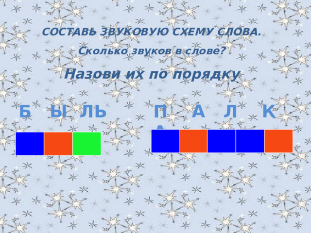СОСТАВЬ ЗВУКОВУЮ СХЕМУ СЛОВА. Сколько звуков в слове? Назови их по порядку  Б Ы ЛЬ П А Л К А 