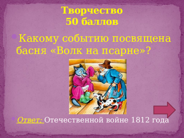 Творчество  50 баллов Какому событию посвящена басня «Волк на псарне»?