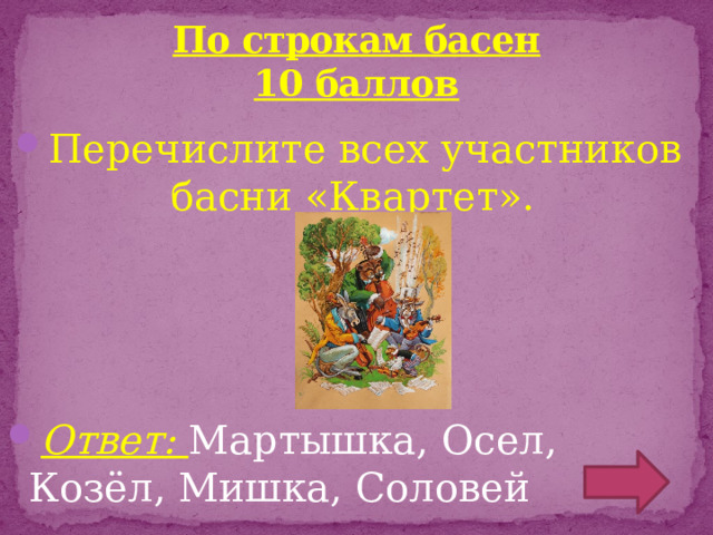 По строкам басен  10 баллов Перечислите всех участников басни «Квартет».
