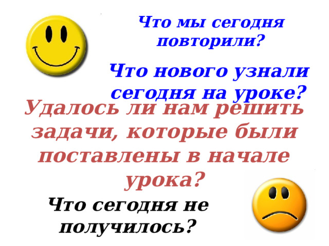 Что мы сегодня повторили? Что нового узнали  сегодня на уроке? Удалось ли нам решить задачи, которые были поставлены в начале урока? Что сегодня не получилось? 