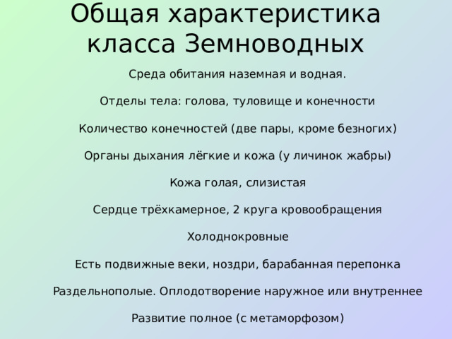 Общая характеристика класса Земноводных   Среда обитания наземная и водная. Отделы тела: голова, туловище и конечности Количество конечностей (две пары, кроме безногих) Органы дыхания лёгкие и кожа (у личинок жабры) Кожа голая, слизистая Сердце трёхкамерное, 2 круга кровообращения Холоднокровные Есть подвижные веки, ноздри, барабанная перепонка Раздельнополые. Оплодотворение наружное или внутреннее Развитие полное (с метаморфозом)