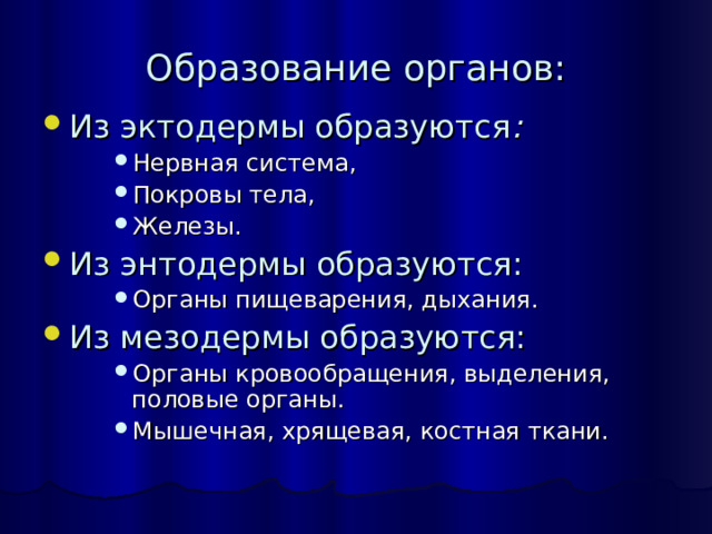 Образование органов: Из эктодермы образуются : Нервная система, Покровы тела, Железы. Нервная система, Покровы тела, Железы. Нервная система, Покровы тела, Железы. Из энтодермы образуются: Органы пищеварения, дыхания. Органы пищеварения, дыхания. Органы пищеварения, дыхания. Из мезодермы образуются: Органы кровообращения, выделения, половые органы. Мышечная, хрящевая, костная ткани. Органы кровообращения, выделения, половые органы. Мышечная, хрящевая, костная ткани. Органы кровообращения, выделения, половые органы. Мышечная, хрящевая, костная ткани. 