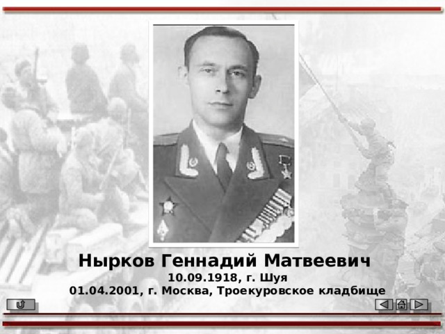 Нырков Геннадий Матвеевич  10.09.1918, г. Шуя  01.04.2001, г. Москва, Троекуровское кладбище 