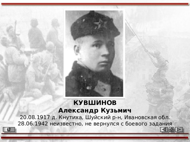 КУВШИНОВ  Александр Кузьмич  20.08.1917 д. Кнутиха, Шуйский р-н, Ивановская обл.  28.06.1942 неизвестно, не вернулся с боевого задания   