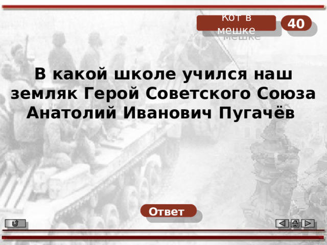 40 Кот в мешке В какой школе учился наш земляк Герой Советского Союза Анатолий Иванович Пугачёв  Ответ  