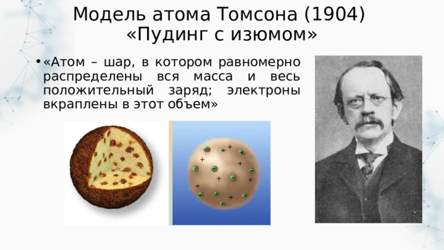 Модель атома Томсона (1904)  «Пудинг с изюмом» «Атом – шар, в котором равномерно распределены вся масса и весь положительный заряд; электроны вкраплены в этот объем» 