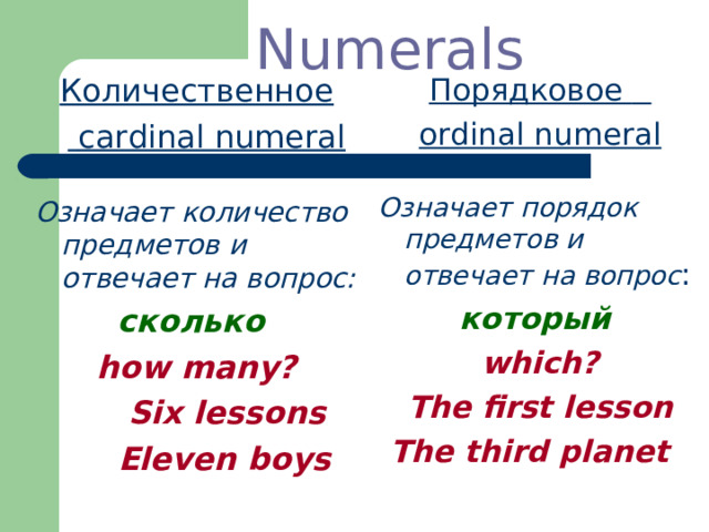 Numerals Количественное   cardinal numeral  Порядковое  ordinal numeral  Означает количество предметов и отвечает на вопрос: Означает порядок предметов и отвечает на вопрос : сколько который  how many? which? The first lesson The third planet  Six lessons  Eleven boys  