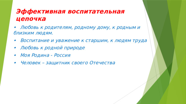Эффективная воспитательная цепочка  •  Любовь к родителям, родному дому, к родным и близким людям. •  Воспитание и уважение к старшим, к людям труда •  Любовь к родной природе •  Моя Родина - Россия •  Человек – защитник своего Отечества 