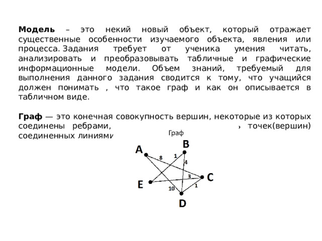 Модель – это некий новый объект, который отражает существенные особенности изучаемого объекта, явления или процесса. Задания требует от ученика умения читать, анализировать и преобразовывать табличные и графические информационные модели. Объем знаний, требуемый для выполнения данного задания сводится к тому, что учащийся должен понимать , что такое граф и как он описывается в табличном виде. Граф — это конечная совокупность вершин, некоторые из которых соединены ребрами, то есть это совокупность точек(вершин) соединенных линиями(ребрами). 
