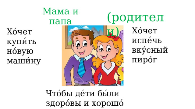 Мама и папа (родители) Хо́чет испе́чь вку́сный пиро́г Хо́чет купи́ть но́вую маши́ну Что́бы де́ти бы́ли здоро́вы и хорошо́ учи́лись в шко́ле 