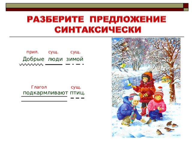 прил. сущ. сущ. Добрые люди зимой Глагол сущ. подкармливают птиц. 