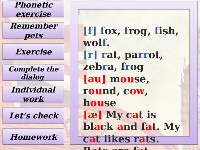 Phonetic exercise Remember pets [f]  f ox, f rog, f ish, wol f . [r]  r at, pa rr ot, zeb r a, f r og [au] m ou se, r ou nd, c ow , h ou se [æ] My c a t is bl a ck a nd f a t. My c a t likes r a ts. R a ts are f a t. Exercise Complete the dialog Individual work Let’s check Homework 