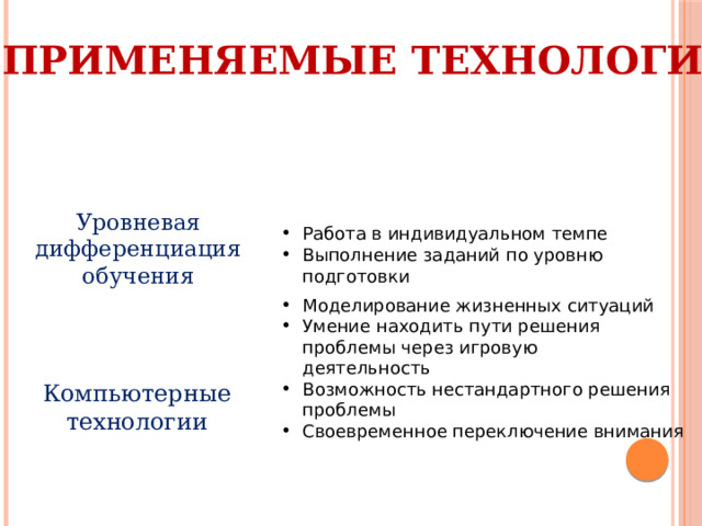 ПРИМЕНЯЕМЫЕ ТЕХНОЛОГИИ Уровневая дифференциация обучения Работа в индивидуальном темпе Выполнение заданий по уровню подготовки Моделирование жизненных ситуаций Умение находить пути решения проблемы через игровую деятельность Компьютерные технологии Возможность нестандартного решения проблемы Своевременное переключение внимания 