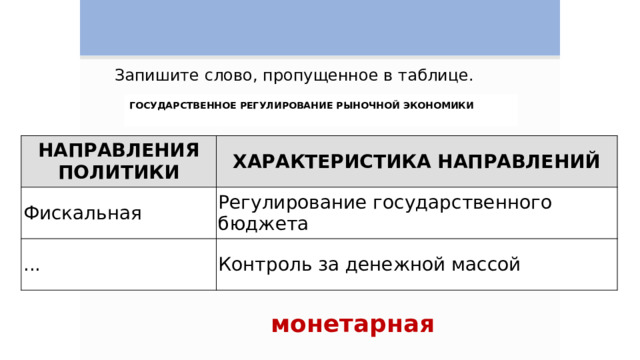 Запишите слово, пропущенное в таблице. ГОСУДАРСТВЕННОЕ РЕГУЛИРОВАНИЕ РЫНОЧНОЙ ЭКОНОМИКИ   НАПРАВЛЕНИЯ ПОЛИТИКИ ХАРАКТЕРИСТИКА НАПРАВЛЕНИЙ Фискальная Регулирование государственного бюджета ... Контроль за денежной массой монетарная 