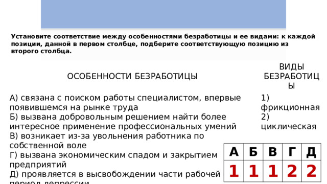 Установите соответствие между особенностями безработицы и ее видами: к каждой позиции, данной в первом столбце, подберите соответствующую позицию из второго столбца. ОСОБЕННОСТИ БЕЗРАБОТИЦЫ   A) связана с поиском работы специалистом, впервые появившемся на рынке труда   ВИДЫ БЕЗРАБОТИЦЫ Б) вызвана добровольным решением найти более интересное применение профессиональных умений 1) фрикционная B) возникает из-за увольнения работника по собственной воле Г) вызвана экономическим спадом и закрытием предприятий 2) циклическая Д) проявляется в высвобождении части рабочей силы в период депрессии A   1 Б В   1 Г   1 Д   2   2 