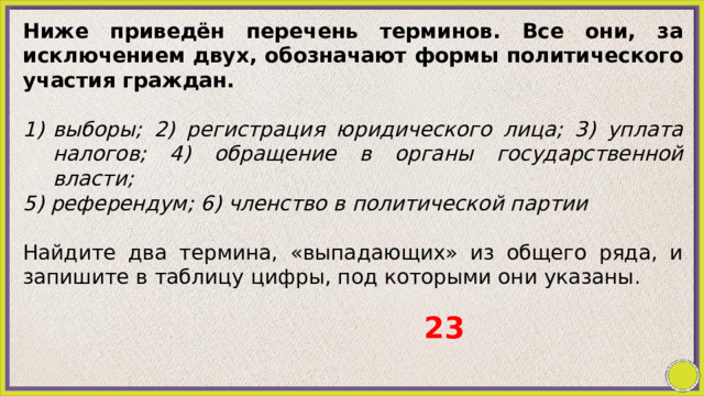 Ниже приведён перечень терминов. Все они, за исключением двух, обозначают формы политического участия граждан.   выборы; 2) регистрация юридического лица; 3) уплата налогов; 4) обращение в органы государственной власти; 5) референдум; 6) членство в политической партии   Найдите два термина, «выпадающих» из общего ряда, и запишите в таблицу цифры, под которыми они указаны. 23 