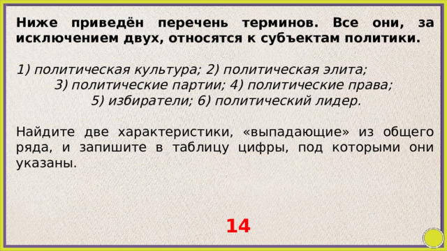 Ниже приведён перечень терминов. Все они, за исключением двух, относятся к субъектам политики.   1) политическая культура; 2) политическая элита; 3) политические партии; 4) политические права; 5) избиратели; 6) политический лидер.   Найдите две характеристики, «выпадающие» из общего ряда, и запишите в таблицу цифры, под которыми они указаны.   14 