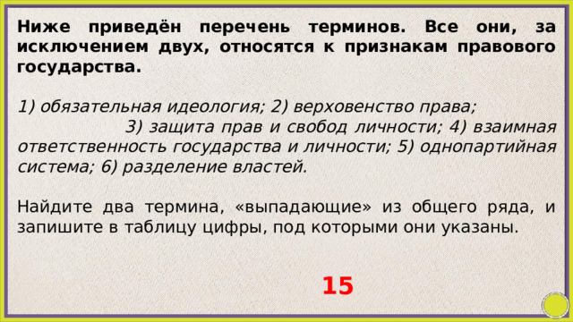 Ниже приведён перечень терминов. Все они, за исключением двух, относятся к признакам правового государства.   1) обязательная идеология; 2) верховенство права; 3) защита прав и свобод личности; 4) взаимная ответственность государства и личности; 5) однопартийная система; 6) разделение властей.   Найдите два термина, «выпадающие» из общего ряда, и запишите в таблицу цифры, под которыми они указаны. 15 
