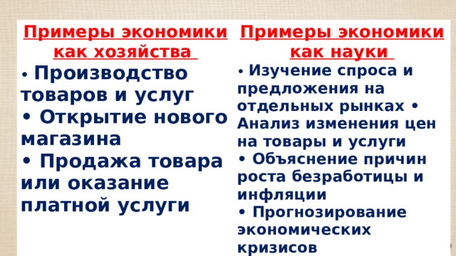 Примеры экономики как хозяйства • Производство товаров и услуг • Открытие нового магазина • Продажа товара или оказание платной услуги Примеры экономики как науки • Изучение спроса и предложения на отдельных рынках • Анализ изменения цен на товары и услуги • Объяснение причин роста безработицы и инфляции • Прогнозирование экономических кризисов 