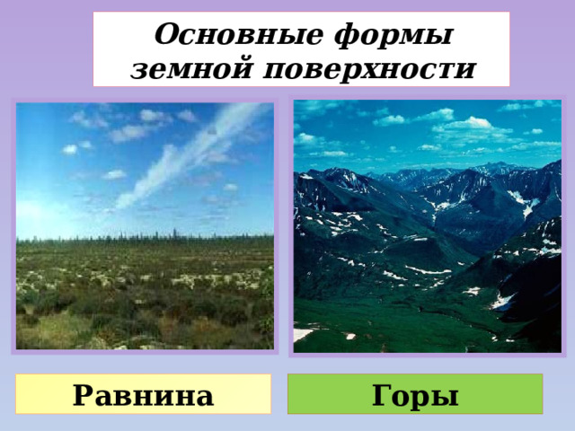Основные формы земной поверхности Равнина Горы 
