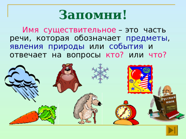 Русский  язык Запомни! Имя существительное – это часть речи, которая обозначает предметы , явления природы или события и отвечает на вопросы кто? или что? 