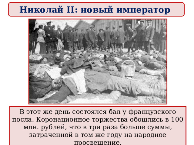 Николай II: новый император Во время коронации Николая II в мае 1896 г. в Москве на Ходынском поле было устроено угощение для народа.В результате давки, по официальным данным, погибли почти 1400 человек. В этот же день состоялся бал у французского посла. Коронационное торжества обошлись в 100 млн. рублей, что в три раза больше суммы, затраченной в том же году на народное просвещение. 