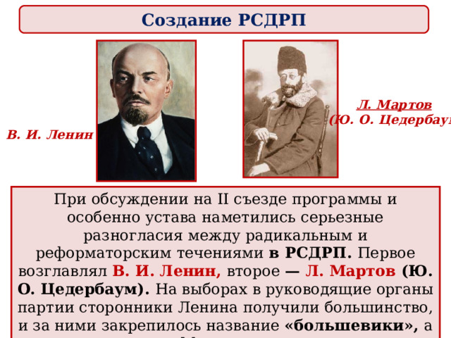 Создание РСДРП Л. Мартов  (Ю. О. Цедербаум ) В. И. Ленин При обсуждении на II съезде программы и особенно устава наметились серьезные разногласия между радикальным и реформаторским течениями в РСДРП. Первое возглавлял В. И. Ленин, второе — Л. Мартов (Ю. О. Цедербаум). На выборах в руководящие органы партии сторонники Ленина получили большинство, и за ними закрепилось название «большевики», а сторонников Мартова стали называть «меньшевики» 
