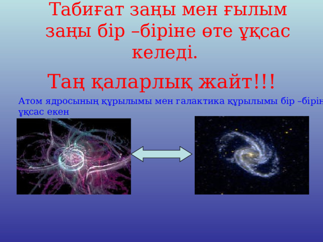 Табиғат заңы мен ғылым заңы бір –біріне өте ұқсас келеді. Таң қаларлық жайт!!! Атом ядросының құрылымы мен галактика құрылымы бір –біріне ұқсас екен 
