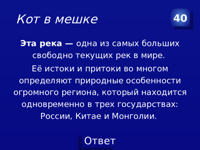 Кот в мешке 40 Эта река — одна из самых больших свободно текущих рек в мире. Её истоки и притоки во многом определяют природные особенности огромного региона, который находится одновременно в трех государствах: России, Китае и Монголии.