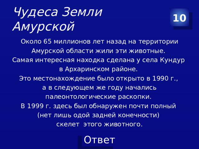 Чудеса Земли Амурской 10 Около 65 миллионов лет назад на территории Амурской области жили эти животные. Самая интересная находка сделана у села Кундур в Архаринском районе. Это местонахождение было открыто в 1990 г., а в следующем же году начались палеонтологические раскопки. В 1999 г. здесь был обнаружен почти полный (нет лишь одой задней конечности) скелет этого животного.