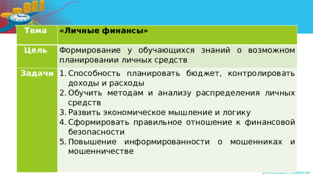 Тема «Личные финансы» Цель  Формирование у обучающихся знаний о возможном планировании личных средств Задачи Способность планировать бюджет, контролировать доходы и расходы Обучить методам и анализу распределения личных средств Развить экономическое мышление и логику Сформировать правильное отношение к финансовой безопасности Повышение информированности о мошенниках и мошенничестве 