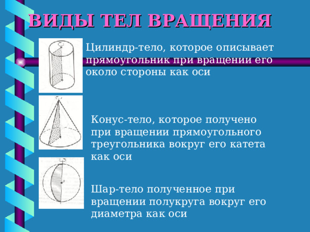 ВИДЫ ТЕЛ ВРАЩЕНИЯ Цилиндр-тело, которое описывает прямоугольник при вращении его около стороны как оси Конус-тело, которое получено при вращении прямоугольного треугольника вокруг его катета как оси Шар-тело полученное при вращении полукруга вокруг его диаметра как оси 