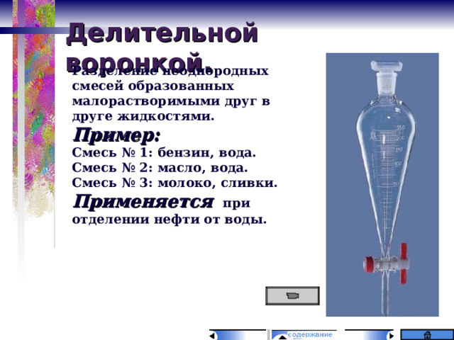 Делительной воронкой. Разделение неоднородных смесей образованных малорастворимыми друг в друге жидкостями. Пример: Смесь № 1: бензин, вода. Смесь № 2: масло, вода. Смесь № 3: молоко, сливки. Применяется при отделении нефти от воды. 