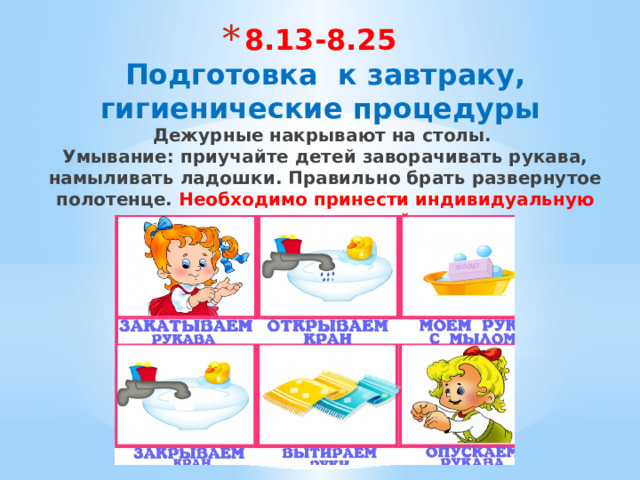 8.13-8.25  Подготовка  к завтраку, гигиенические процедуры  Дежурные накрывают на столы.  Умывание: приучайте детей заворачивать рукава, намыливать ладошки. Правильно брать развернутое полотенце. Необходимо принести индивидуальную расческу, иметь носовой платок. 