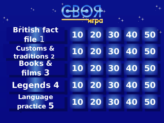 10 30 40 50 20 British fact file 1 50  Customs & traditions 2 40 30 20 10 20 30 40 50 Books & films 3 10 Legends 4 20 40 50 30 10 Автор шаблона Салиш С.С., учитель начальных классов СШ №53 г. Актобе. 20 30 40 50 10 Language practice 5  