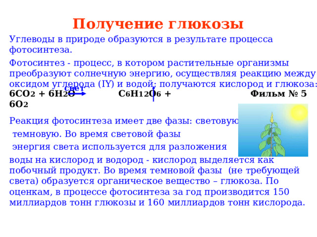 Получение глюкозы Углеводы в природе образуются в результате процесса фотосинтеза. Фотосинтез - процесс, в котором растительные организмы преобразуют солнечную энергию, осуществляя реакцию между оксидом углерода ( IY ) и водой; получаются кислород и глюкоза: Реакция фотосинтеза имеет две фазы: световую и  темновую. Во время световой фазы  энергия света используется для разложения воды на кислород и водород - кислород выделяется как побочный продукт. Во время темновой фазы (не требующей света) образуется органическое вещество – глюкоза. По оценкам, в процессе фотосинтеза за год производится 150 миллиардов тонн глюкозы и 160 миллиардов тонн кислорода. свет Фильм № 5 6CO 2 + 6H 2 O C 6 H 12 O 6 + 6O 2  