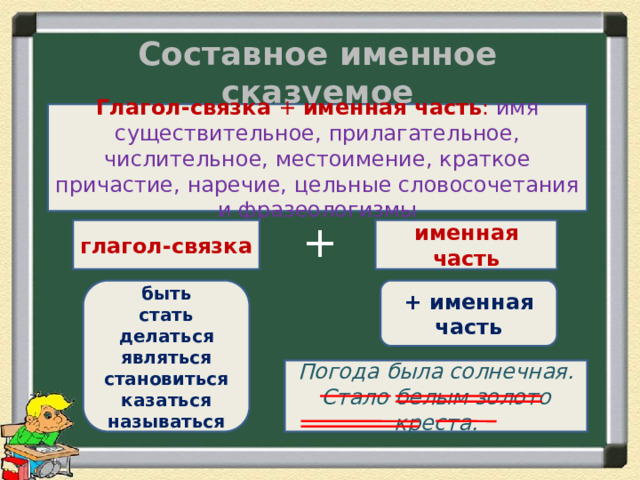 Составное именное сказуемое Глагол-связка + именная часть : имя существительное, прилагательное, числительное, местоимение, краткое причастие, наречие, цельные словосочетания и фразеологизмы + именная часть глагол-связка + именная часть быть стать делаться являться становиться казаться называться Погода была солнечная. Стало белым золото креста. 