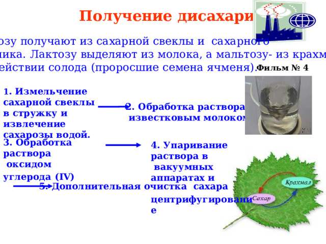  Получение дисахаридов Сахарозу получают из сахарной свеклы и сахарного тростника. Лактозу выделяют из молока, а мальтозу- из крахмала  при действии солода (проросшие семена ячменя).  Фильм № 4 1 . Измельчение сахарной c веклы в стружку и извлечение сахарозы водой. 2.  Обработка раствора  известковым молоком  3.  Обработка раствора  оксидом углерода  ( IV)  4.  Упаривание раствора в  вакуумных аппаратах и  центрифугирование  5.  Дополнительная очистка  сахара  